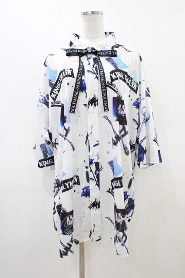 画像1: KINGLYMASK / リボンタイ付半袖カットソーシャツ  ホワイト H-26-03-17-1051-PU-BL-KB-ZH (1)