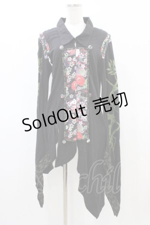 画像: gouk / 和柄切替アシメロングカーディガン  黒 H-26-03-17-1054-GO-TO-KB-ZH