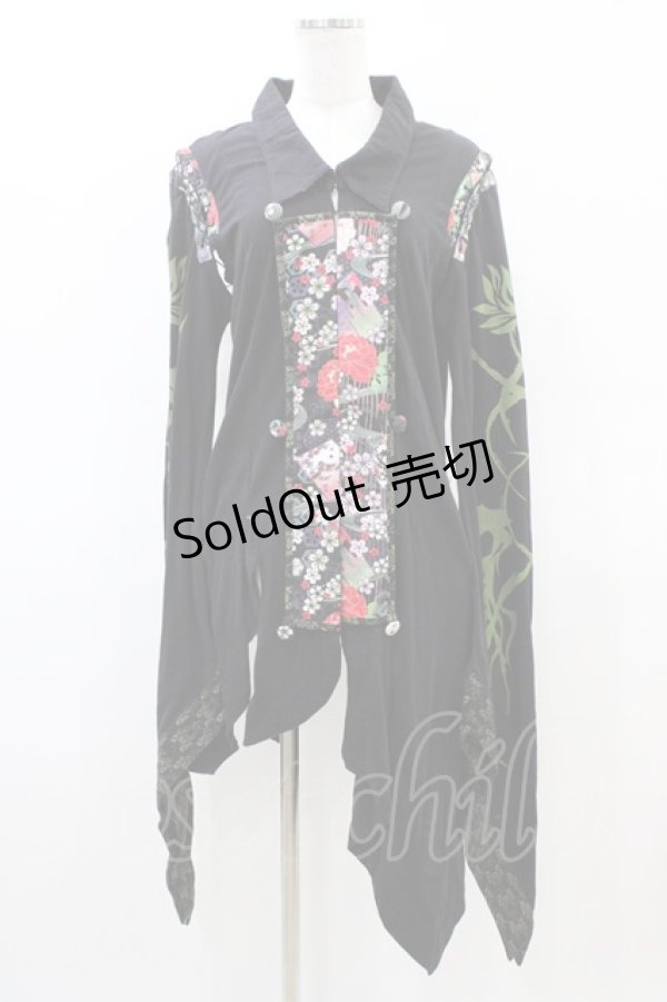 画像1: gouk / 和柄切替アシメロングカーディガン  黒 H-26-03-17-1054-GO-TO-KB-ZH (1)