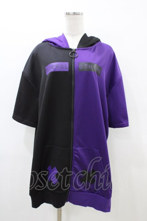 画像1: NieR Clothing / うさ耳付きTWO-TONE半袖ZIPパーカー  黒×紫 H-26-03-17-1058-PU-TO-KB-ZH (1)