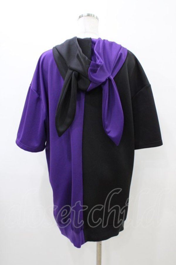 画像2: NieR Clothing / うさ耳付きTWO-TONE半袖ZIPパーカー  黒×紫 H-26-03-17-1058-PU-TO-KB-ZH (2)