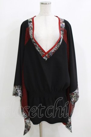 画像: Qutie Frash / リボン帯付き着物チュニック  黒×赤 H-26-03-18-036-QU-TO-KB-ZH