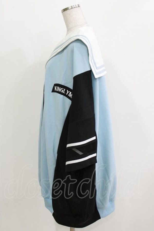 画像2: KINGLYMASK / ロゴ刺繍リボンアームメッシュ切替5分袖セーラービッグブルゾン  サックス H-26-03-18-057-PU-TO-KB-ZH (2)