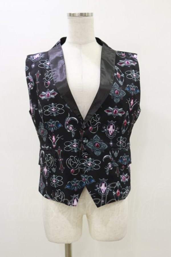 画像1: Drug Honey / アンティークブローチ柄サテンカラーベスト  黒 H-26-03-20-011-PU-TO-KB-ZH (1)