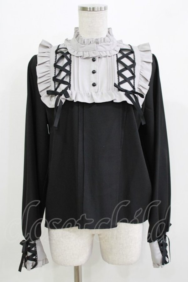 画像1: DearMyLove / レースアッフヨークフリルブラウス LL ブラック/グレー H-26-03-21-050-EL-BL-NS-ZH (1)