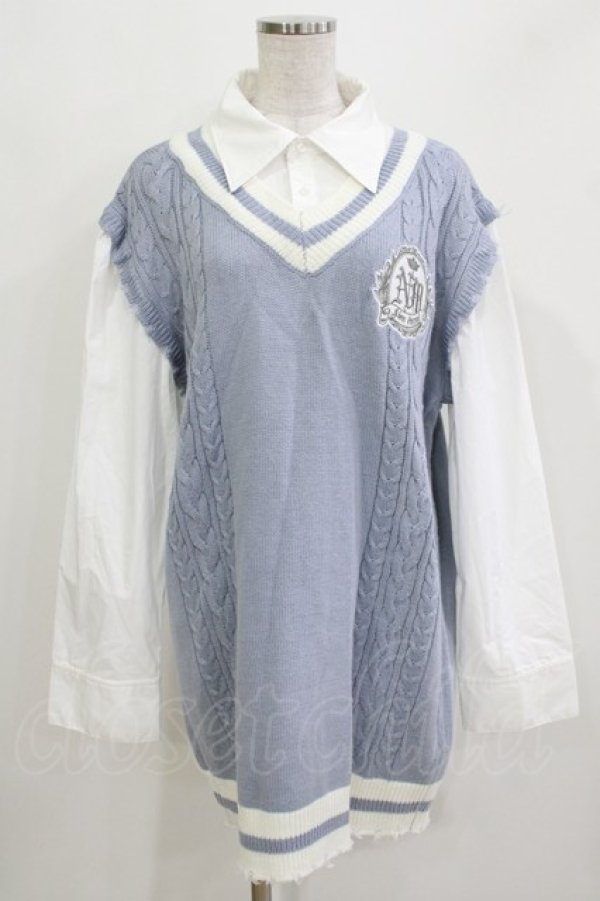 画像1: NOEMIE / フェイクレイヤーユニセックスニットベスト M サックス H-26-03-21-066-LO-TO-NS-ZH (1)