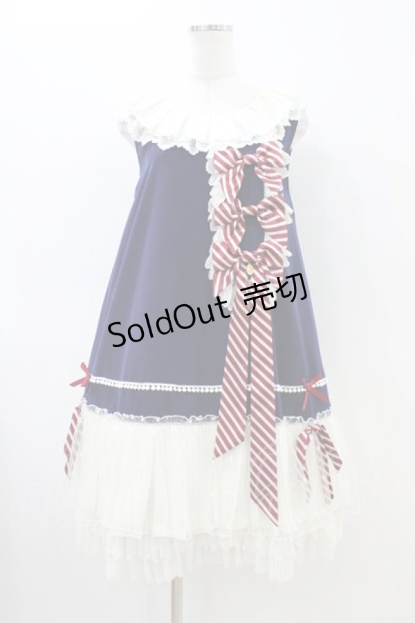 画像1: Grove Deer（海外ロリータブランド） / ストライプリボンジャンパースカート L ネイビー H-26-03-22-1033-LO-OP-NS-ZH (1)
