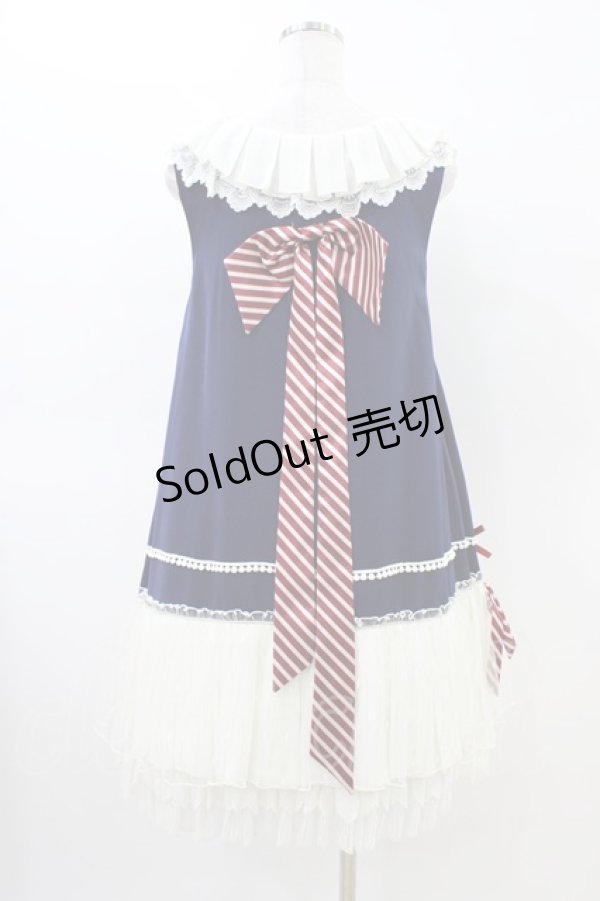 画像2: Grove Deer（海外ロリータブランド） / ストライプリボンジャンパースカート L ネイビー H-26-03-22-1033-LO-OP-NS-ZH (2)