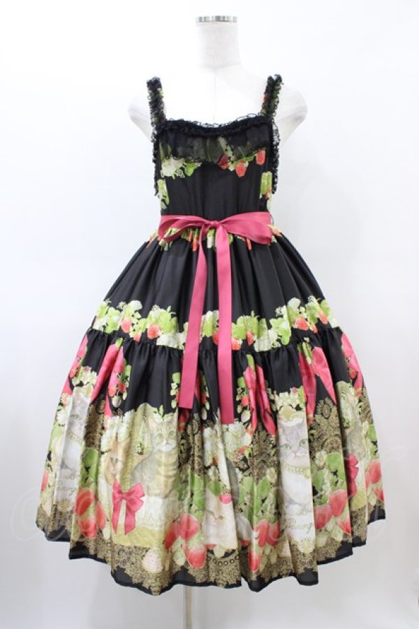 画像1: BAROQUE / Strawberry field’s Cats イチゴ畑の猫たちジャンパースカート M ブラック H-26-03-22-1018-EL-OP-NS-ZH (1)