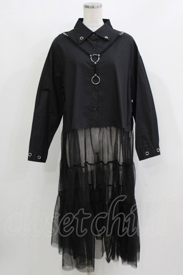 画像1: HELL CAT PUNKS / シャツ切替チュールワンピ F 黒 H-26-03-22-052-PU-OP-KB-ZH (1)
