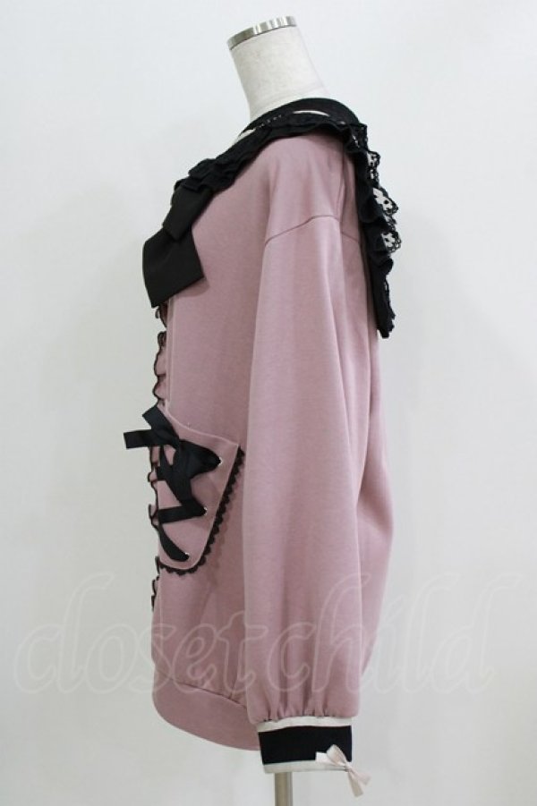 画像2: DearMyLove / ハートレースリボンセーラー裏毛チュニックブルゾン M~L ピンク/ブラック H-26-03-23-019-EL-TO-NS-ZH (2)