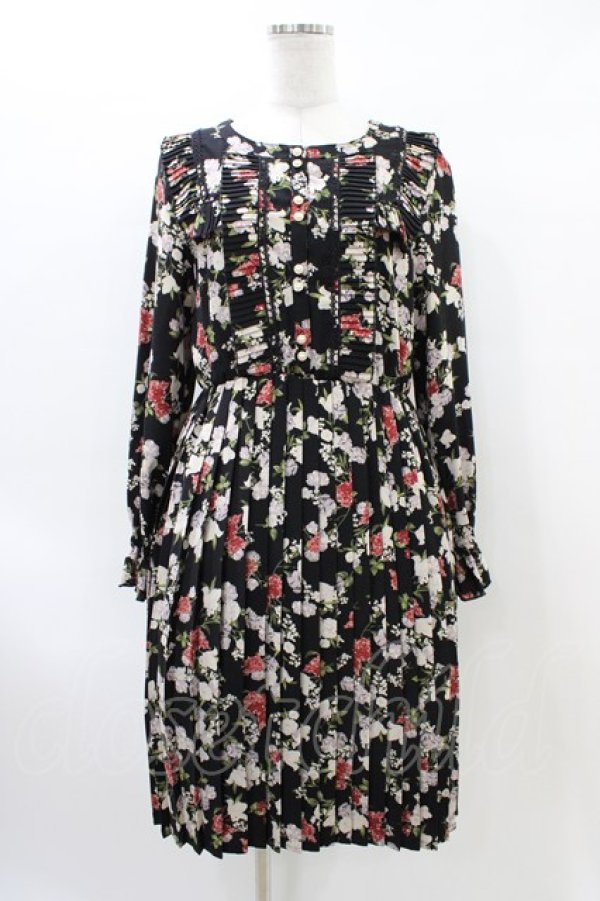 画像1: axes femme / 花柄プリーツワンピース M ブラック H-26-03-24-1029-AX-OP-NS-ZH (1)