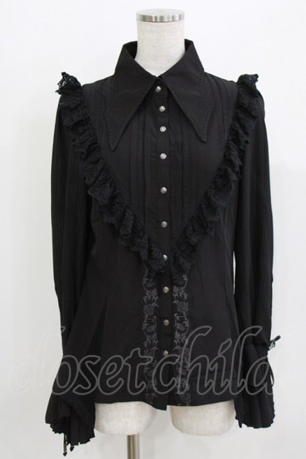 画像1: Ozz oneste / 薔薇刺繍ストライプスリーブブラウス  ブラック H-26-03-24-049-OO-BL-KB-ZH (1)