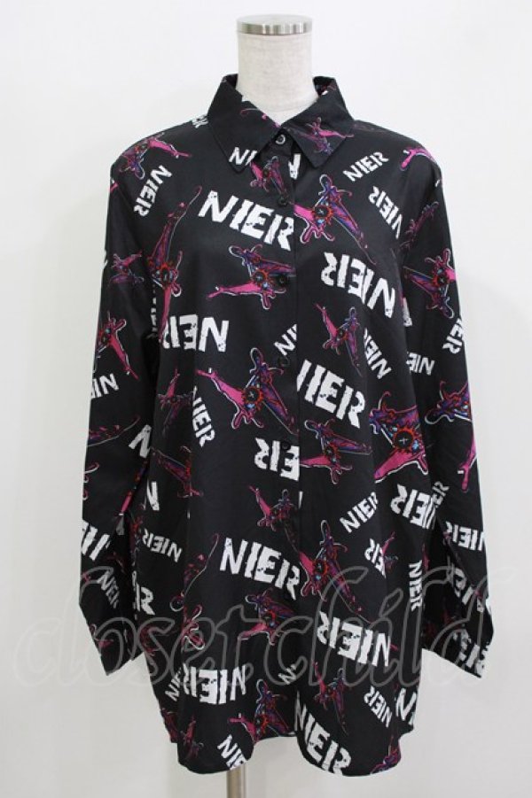 画像1: NieR Clothing / 総柄長袖シャツ  黒×紫 H-26-03-24-052-PU-BL-KB-ZH (1)