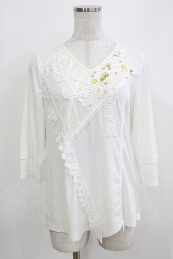 画像1: OZZ ANGELO / ビジュー付切替カットソー  オフホワイト H-26-03-24-066-OO-TO-KB-ZH (1)