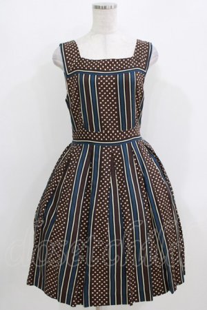 画像: Jane Marple / ドットストライプのスクエアドレス  ネイビー×ブラウン H-26-03-25-002-JM-OP-KB-ZH