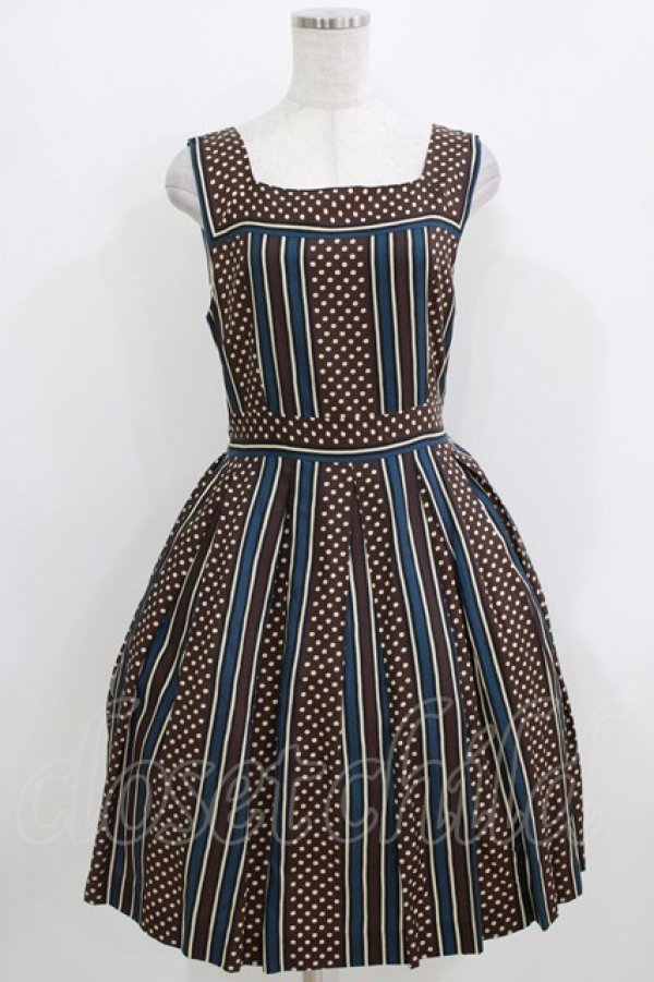 画像1: Jane Marple / ドットストライプのスクエアドレス  ネイビー×ブラウン H-26-03-25-002-JM-OP-KB-ZH (1)