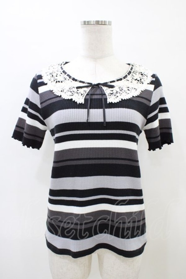 画像1: axes femme / レースカラーボーダートップス M ブラック H-26-03-28-060-AX-TO-YZ-ZH (1)