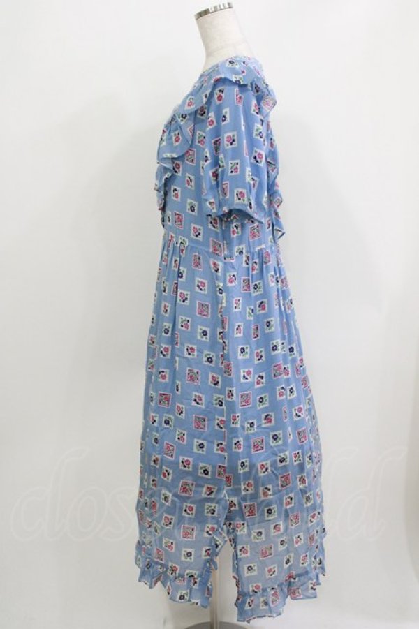 画像2: Jane Marple Dans Le Salon / Flower Stamp Empireワンピース M サックス H-26-03-30-028-JM-OP-KB-ZH (2)