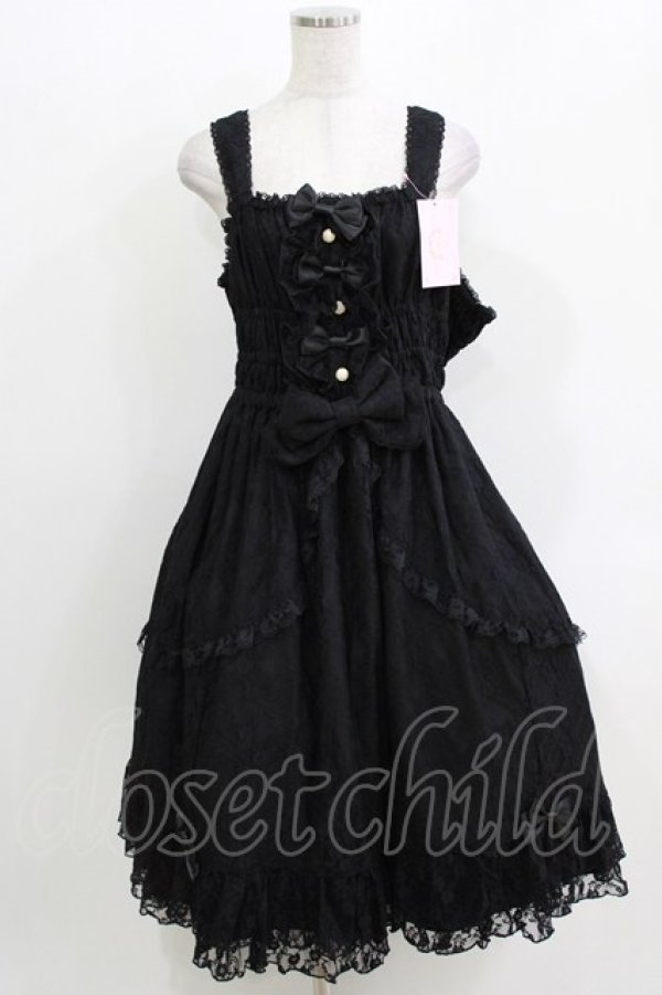 画像1: metamorphose / 【プラスサイズ】総レースシャーリングフリルジャンパースカート プラスサイズ ブラック H-26-04-02-005-ME-OP-NS-ZH (1)