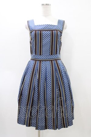 画像: Jane Marple / ドットストライプのスクエアドレス  ブルー×ブラウン H-26-04-02-1031-JM-OP-KB-ZH
