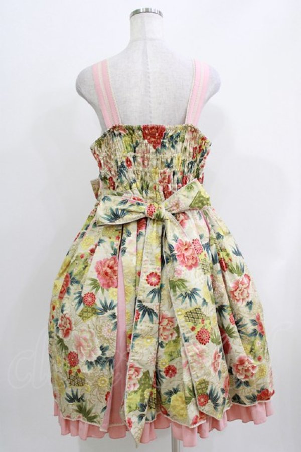 画像3: metamorphose / 【プラスサイズ】花と扇の和柄タックジャンパースカート プラスサイズ アイボリー系 H-26-04-02-007-ME-OP-NS-ZH (3)