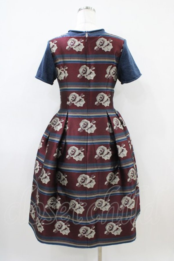 画像2: Jane Marple / ローズボーダージャガードワンピース  ボルドー×ネイビー H-26-04-03-035-JM-OP-KB-ZH (2)