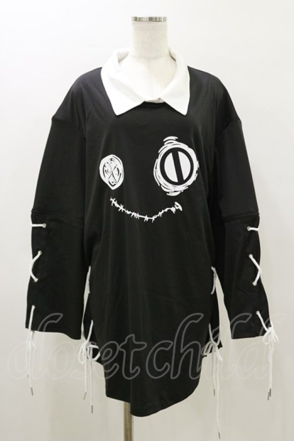 画像1: NieR Clothing / レースアッププリントシャツ  黒 H-26-04-04-043-PU-BL-AK-ZH (1)