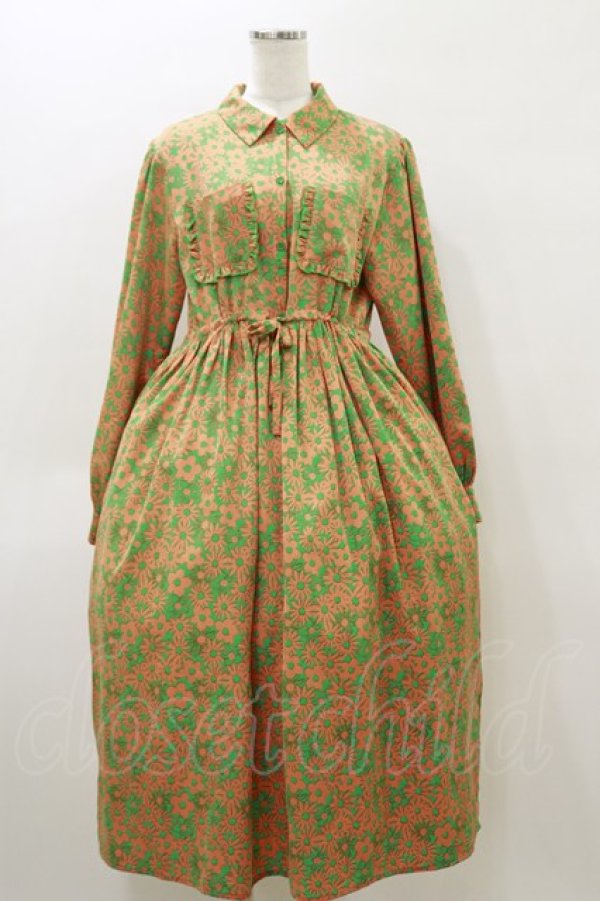 画像1: merry jenny / 2トーンフラワーシャツワンピース  グリーン H-26-04-04-076-LO-OP-KB-ZH (1)