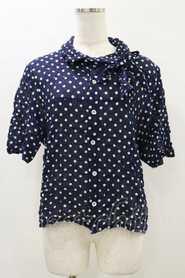 画像1: Jane Marple Dans Le Salon / Polka dotsリボンシャツ  ネイビー H-26-04-05-017-JM-BL-KB-ZH (1)