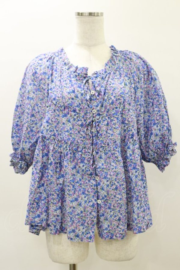 画像1: Jane Marple / Bonjour Millefleursスモックブラウス  ブルー H-26-04-05-018-JM-BL-KB-ZH (1)