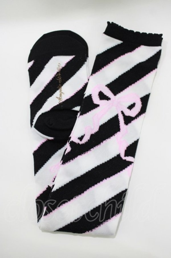 画像1: Angelic Pretty / Sugaryボーダーリボンオーバーニー  ブラック H-26-04-06-050-AP-ZA-NS-ZH (1)