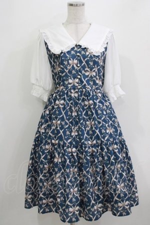 画像: axes femme POETIQUE / リボンフラワーチェック柄ワンピース M ブルー H-26-04-07-022-AX-OP-NS-ZH