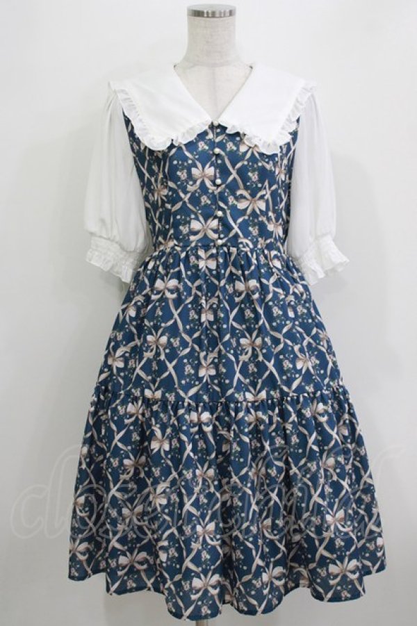 画像1: axes femme POETIQUE / リボンフラワーチェック柄ワンピース M ブルー H-26-04-07-022-AX-OP-NS-ZH (1)