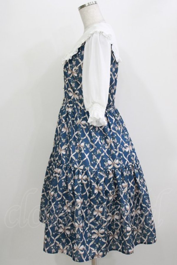 画像2: axes femme POETIQUE / リボンフラワーチェック柄ワンピース M ブルー H-26-04-07-022-AX-OP-NS-ZH (2)