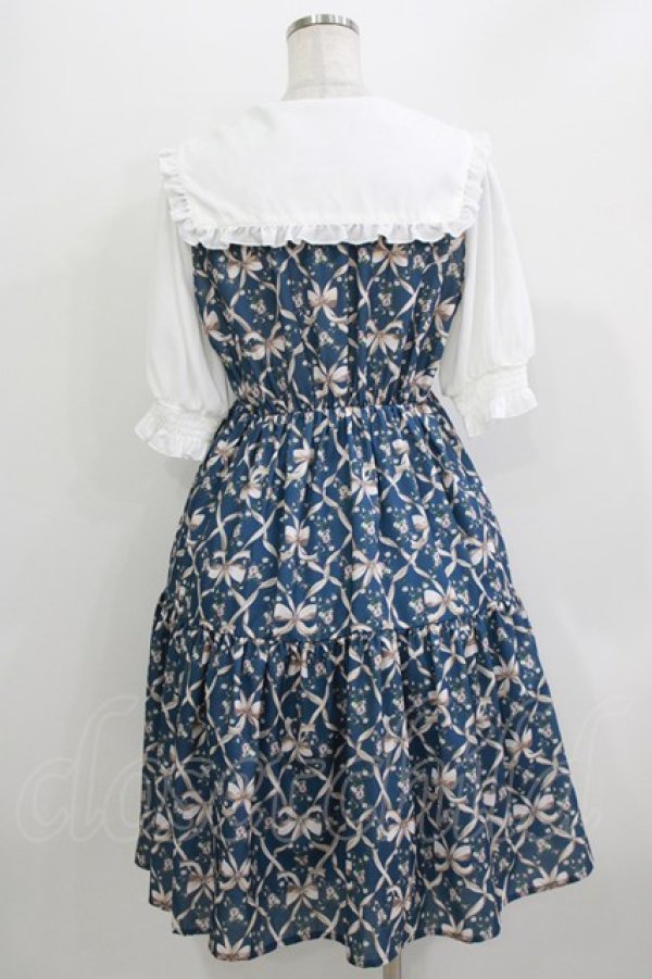 画像3: axes femme POETIQUE / リボンフラワーチェック柄ワンピース M ブルー H-26-04-07-022-AX-OP-NS-ZH (3)