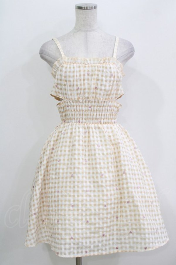 画像1: axes femme POETIQUE / ハートドット刺繍ギンガムワンピース M ベージュ H-26-04-07-032-AX-OP-NS-ZH (1)