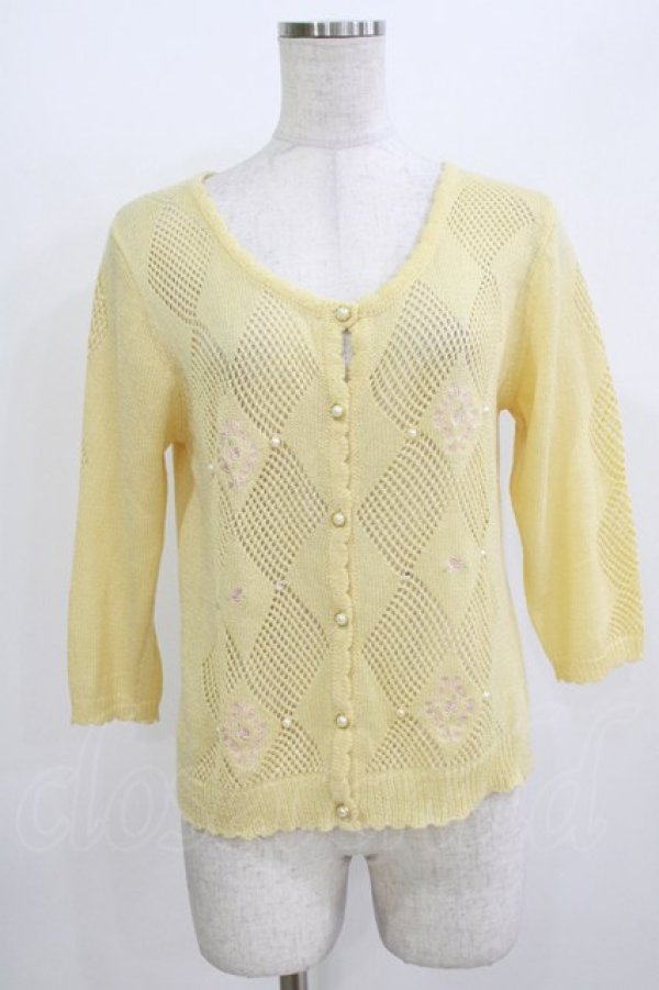 画像1: axes femme / ローズ刺繍編みニットカーディガン M イエロー H-26-04-07-078-AX-TO-NS-ZH (1)