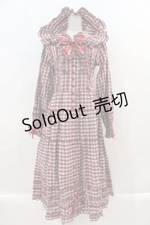 画像: PINK HOUSE / リボンブローチ付きタータンチェックフードワンピース  赤Ｘ白チェック I-23-12-27-026-LO-OP-HD-ZI