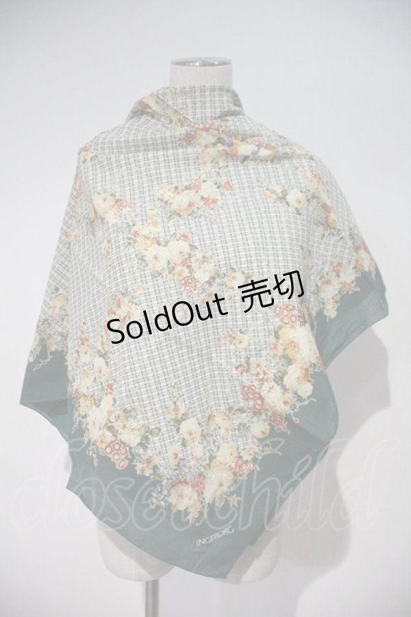 画像1: INGEBORG / フラワー&チェック柄大判スカーフ  グリーン I-24-02-07-155-LO-ZA-HD-ZI (1)