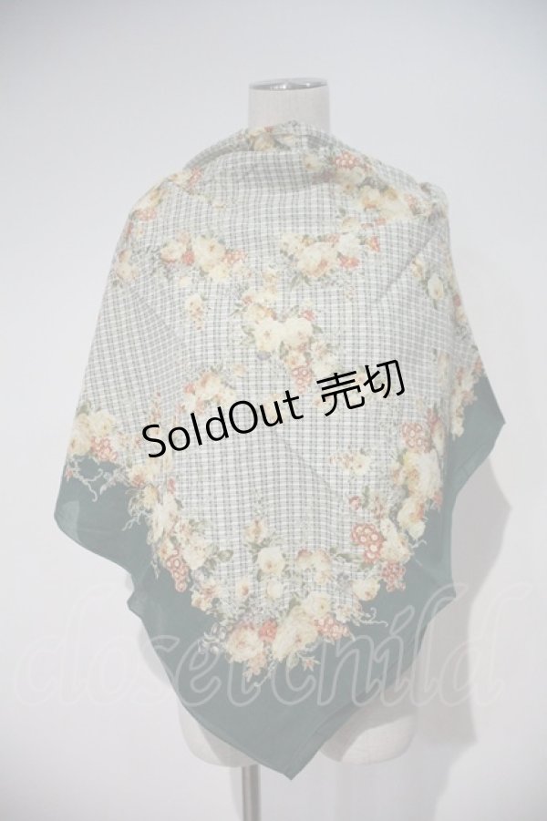 画像2: INGEBORG / フラワー&チェック柄大判スカーフ  グリーン I-24-02-07-155-LO-ZA-HD-ZI (2)