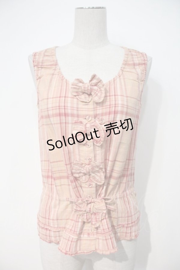 画像1: PINK HOUSE / フロントリボンチェックノースリーブブラウス  ピンク I-24-07-31-028-LO-BL-AS-ZT426 (1)