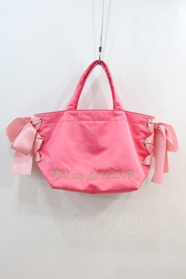 画像1: Maison de FLEUR / サイドレースアップ&裏地LIPハンドバッグ  濃ピンク I-24-08-03-120-LO-BG-HD-ZT-K012 (1)
