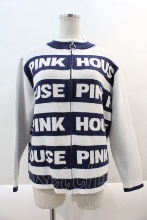 画像: PINK HOUSE / PINK HOUSE ロゴボーダーニットカーディガン  白Ｘ青 I-24-09-20-053-LO-TO-HD-ZT039