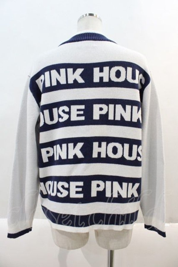 画像2: PINK HOUSE / PINK HOUSE ロゴボーダーニットカーディガン  白Ｘ青 I-24-09-20-053-LO-TO-HD-ZT039 (2)