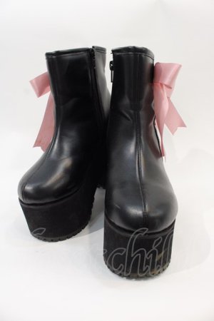 画像: DearMyLove / Satin Ribbon Wedge Boots 22.5CM 黒Ｘピンク I-25-01-05-124-EL-SH-HD-ZT-K002