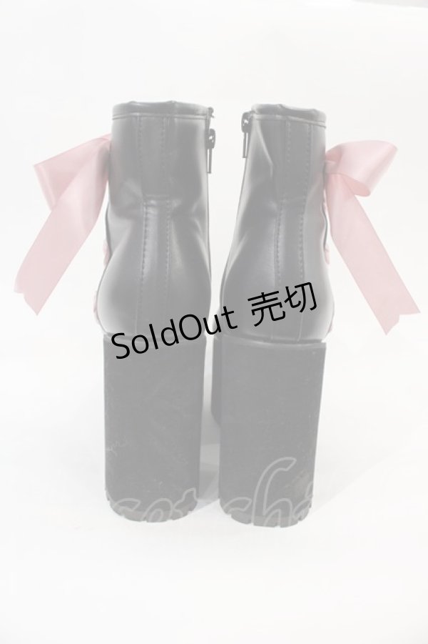 画像2: DearMyLove / Satin Ribbon Wedge Boots 22.5CM 黒Ｘピンク I-25-01-05-124-EL-SH-HD-ZT-K002 (2)