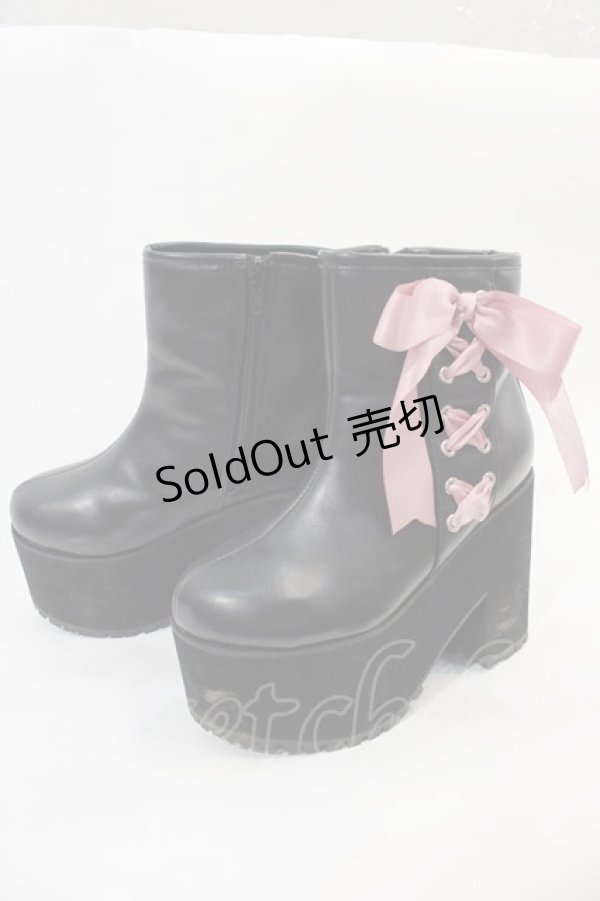 画像3: DearMyLove / Satin Ribbon Wedge Boots 22.5CM 黒Ｘピンク I-25-01-05-124-EL-SH-HD-ZT-K002 (3)