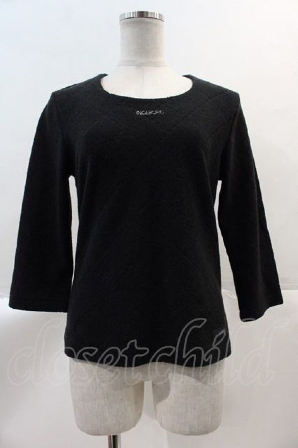 画像1: INGEBORG / ロゴ刺繍パイル地五分袖トップス S ブラック I-25-02-09-035-LO-TO-HD-ZT368 (1)