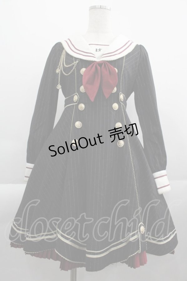 画像1: Lost Tree / チェーンデザインストライプセーラー襟ワンピース M 黒Ｘゴールド I-25-04-16-050-LO-OP-HD-ZI (1)